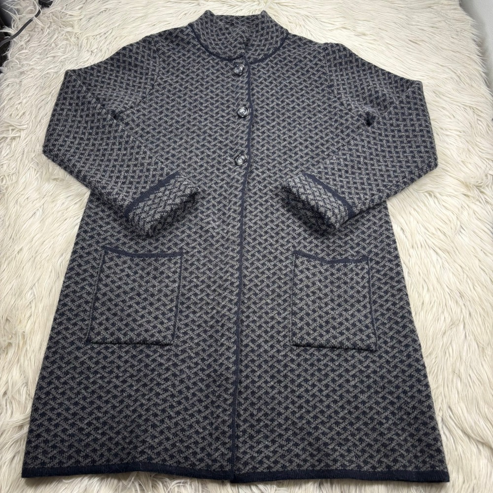 Giovanna Tricot Women's L Gray Navy Geo Knit Long Line Cardigan Preppy Jackie-O